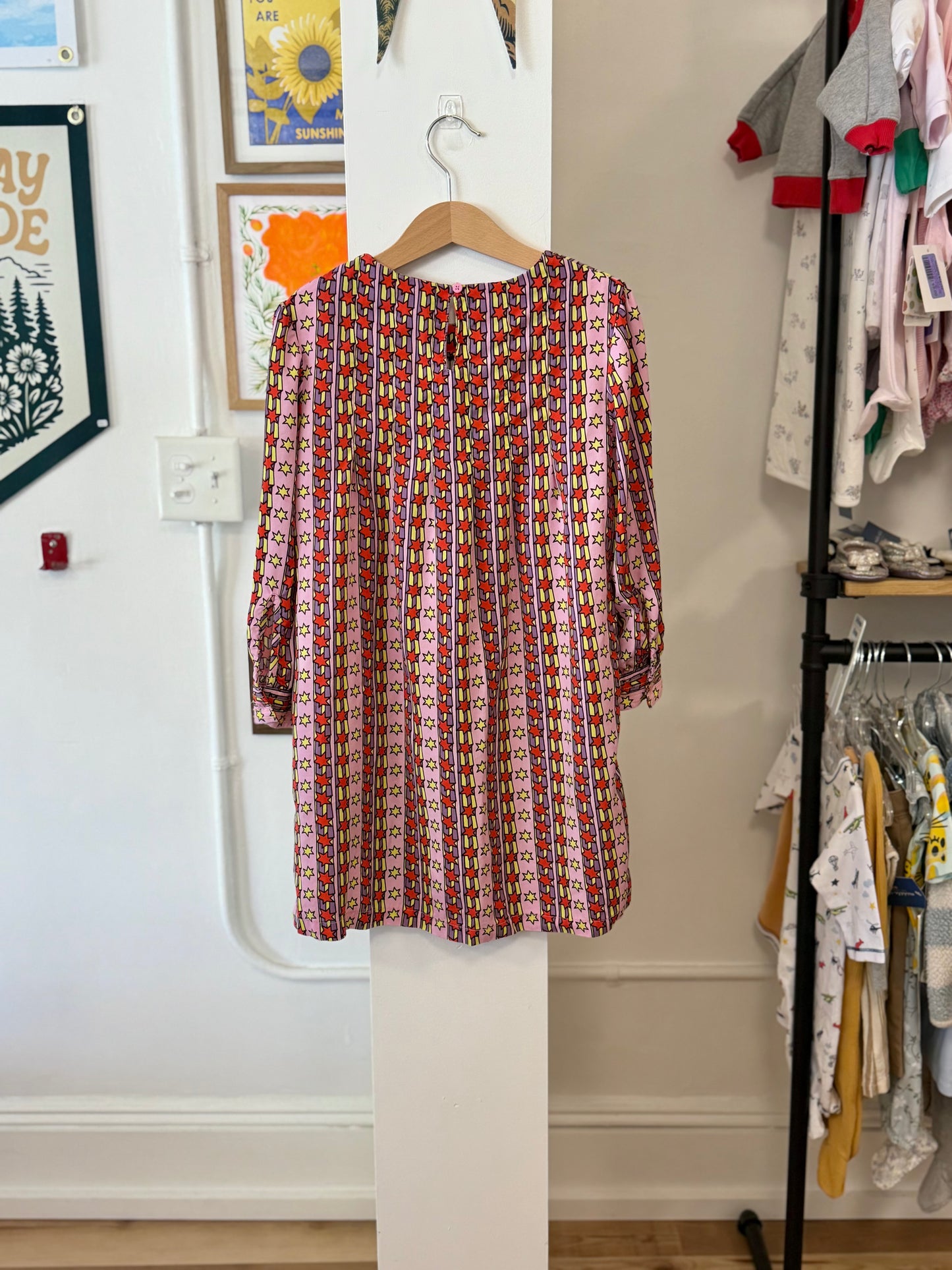 6, Stella McCartney, Pink, Yellow/red/purple pleated stripes & star long-sleeve dress