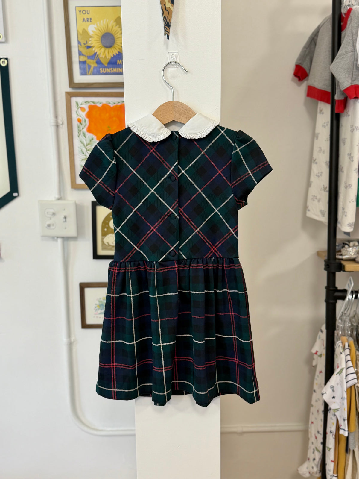 4/4T, Polo Ralph Lauren, Green, Short sleeve red/white/navy plaid ponte dress, white ruffled collar