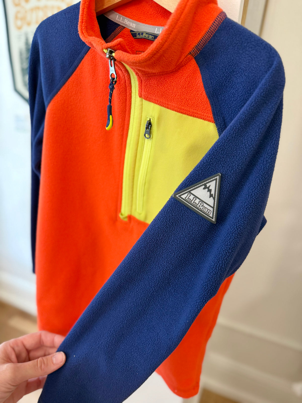 6-7, L.L.Bean, Orange, Neon color block half-zip fleece jacket, yellow chest, navy sleeves