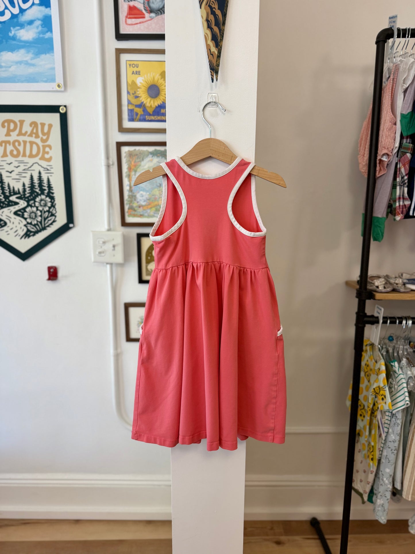 5/5T, Hanna Andersson, Pink, Racerback dress with pockets, white trim