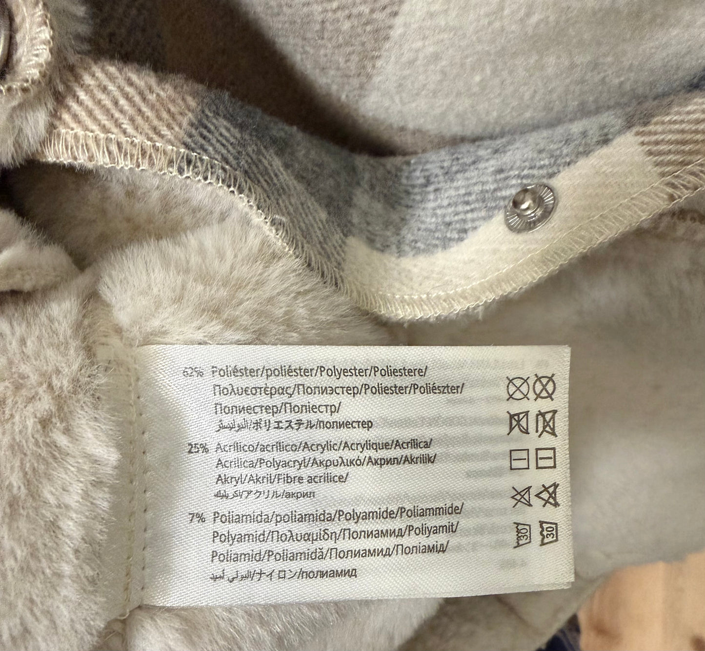 7, Mayoral, cream, Plaid faux fur lined hooded snap-up coat