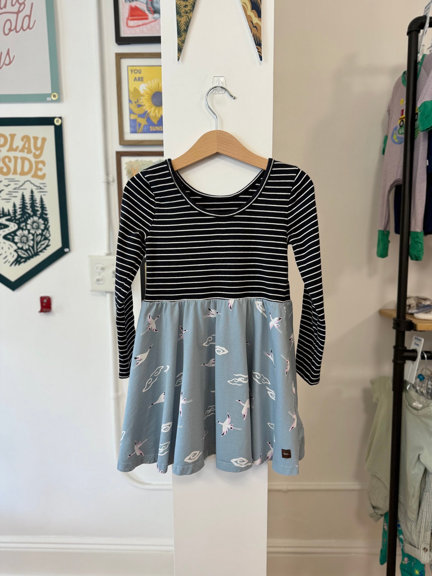 4/4T, Tea Collection, Blue, Long-sleeve white striped dress, blue bird print skirt