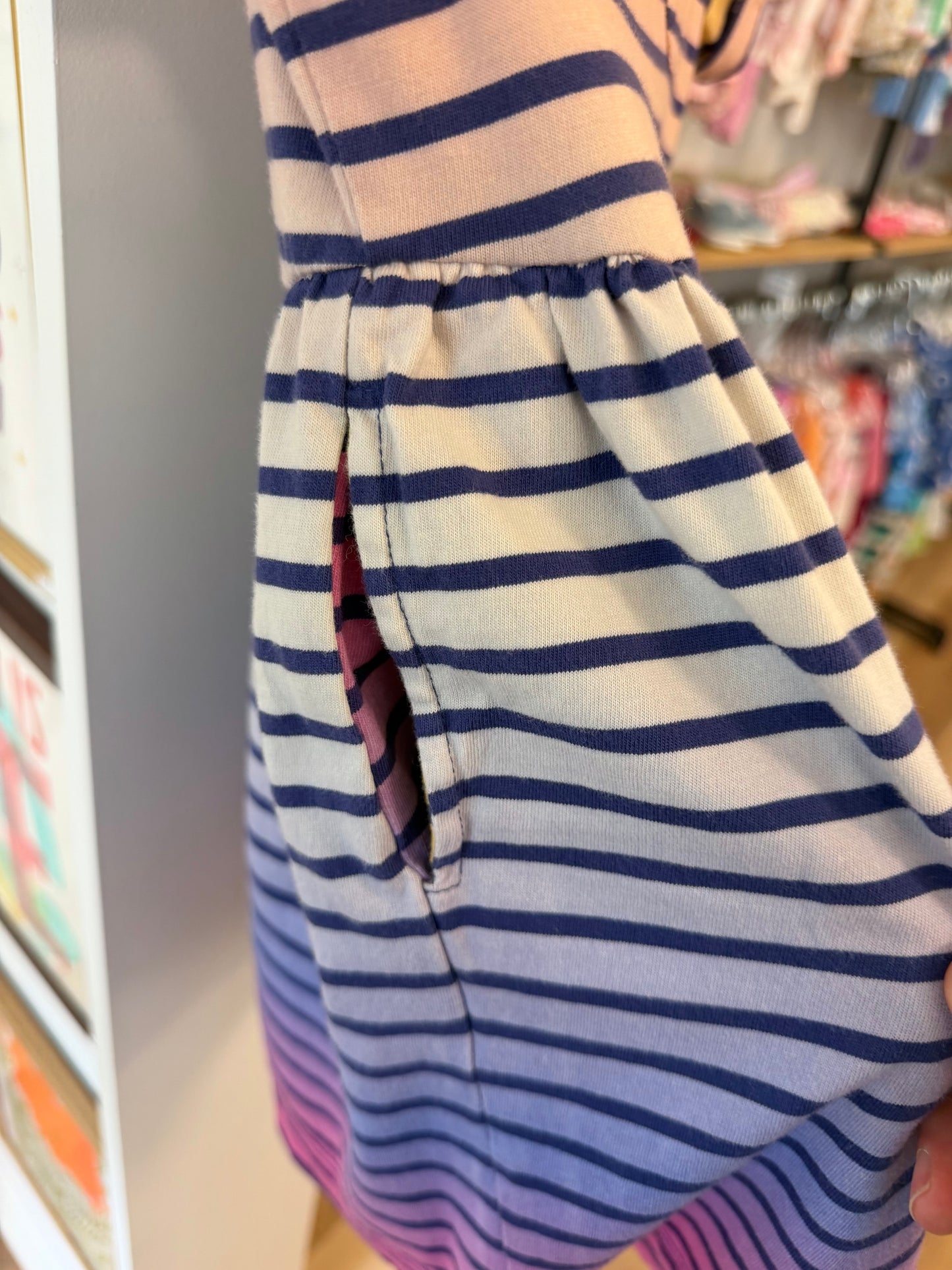 4-5, Boden, Yellow, Navy striped pink/purple ombre short-sleeve t-shirt pocket dress