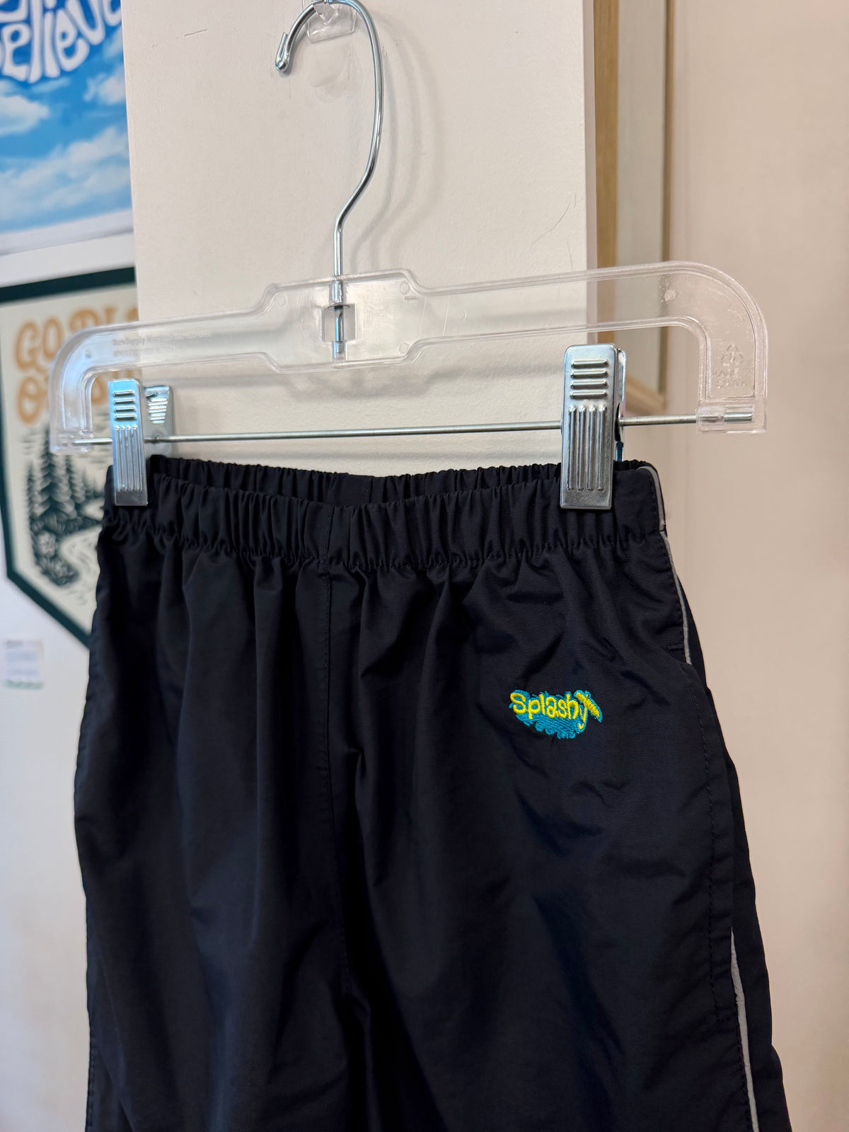Approx. 3T, maybe 4T, Splashy, Black, Rain pants, grey stripe on side