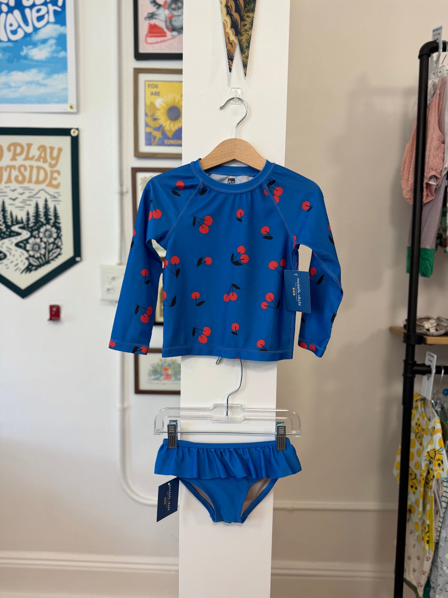 3/3T, Tea Collection, Blue, Cherry long-sleeve rash guard + bottom 2-piece swimsuit SET