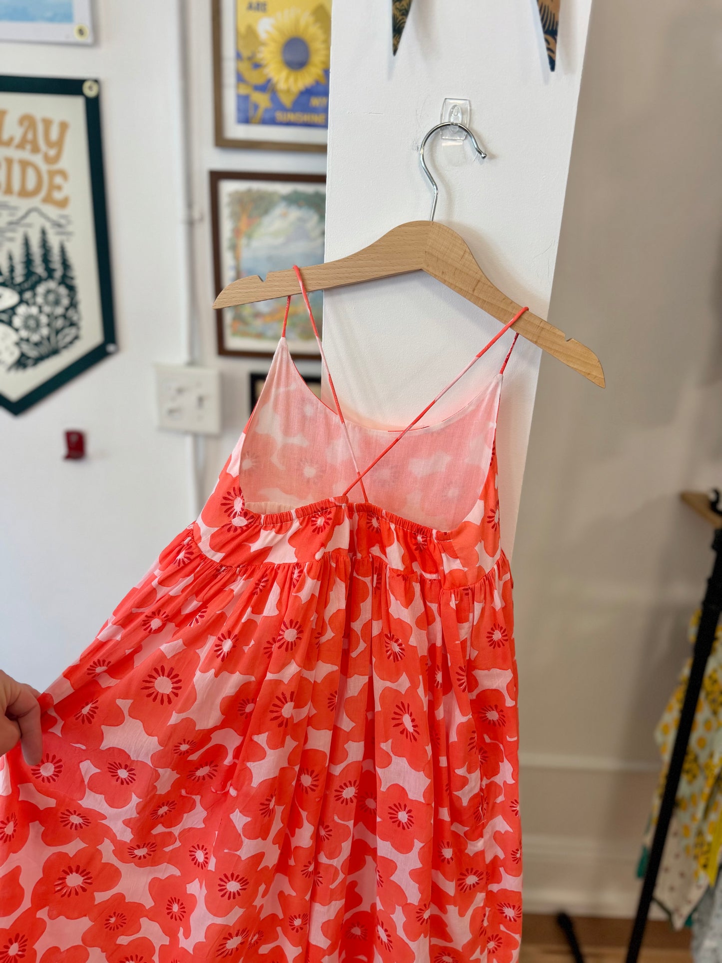 8, Little Paisley People, Pink, Neon block print floral cross back spaghetti strap maxi dress