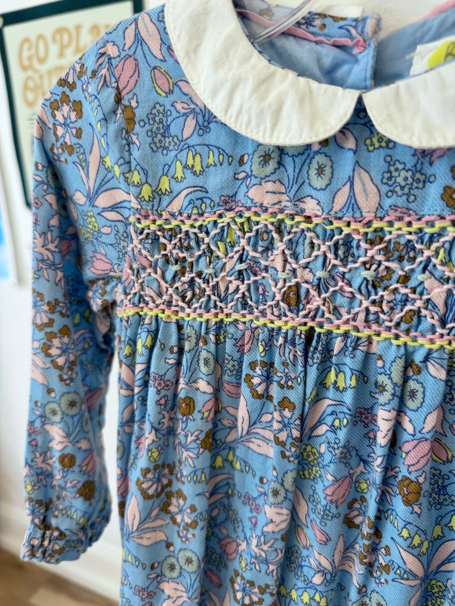 12-18 mo / 18 mo, Boden, Blue, Floral double-layer long-sleeve bubble romper, white Peter Pan collar, stitching at chest