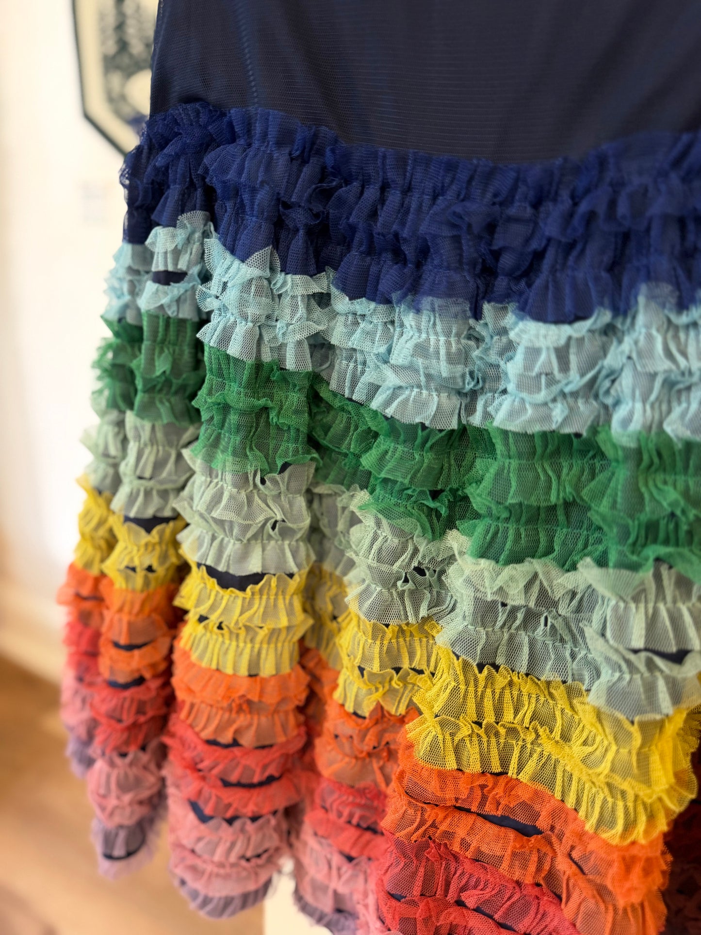 6-7, Boden, Blue, Flutter sleeve dress with rainbow tulle skirt
