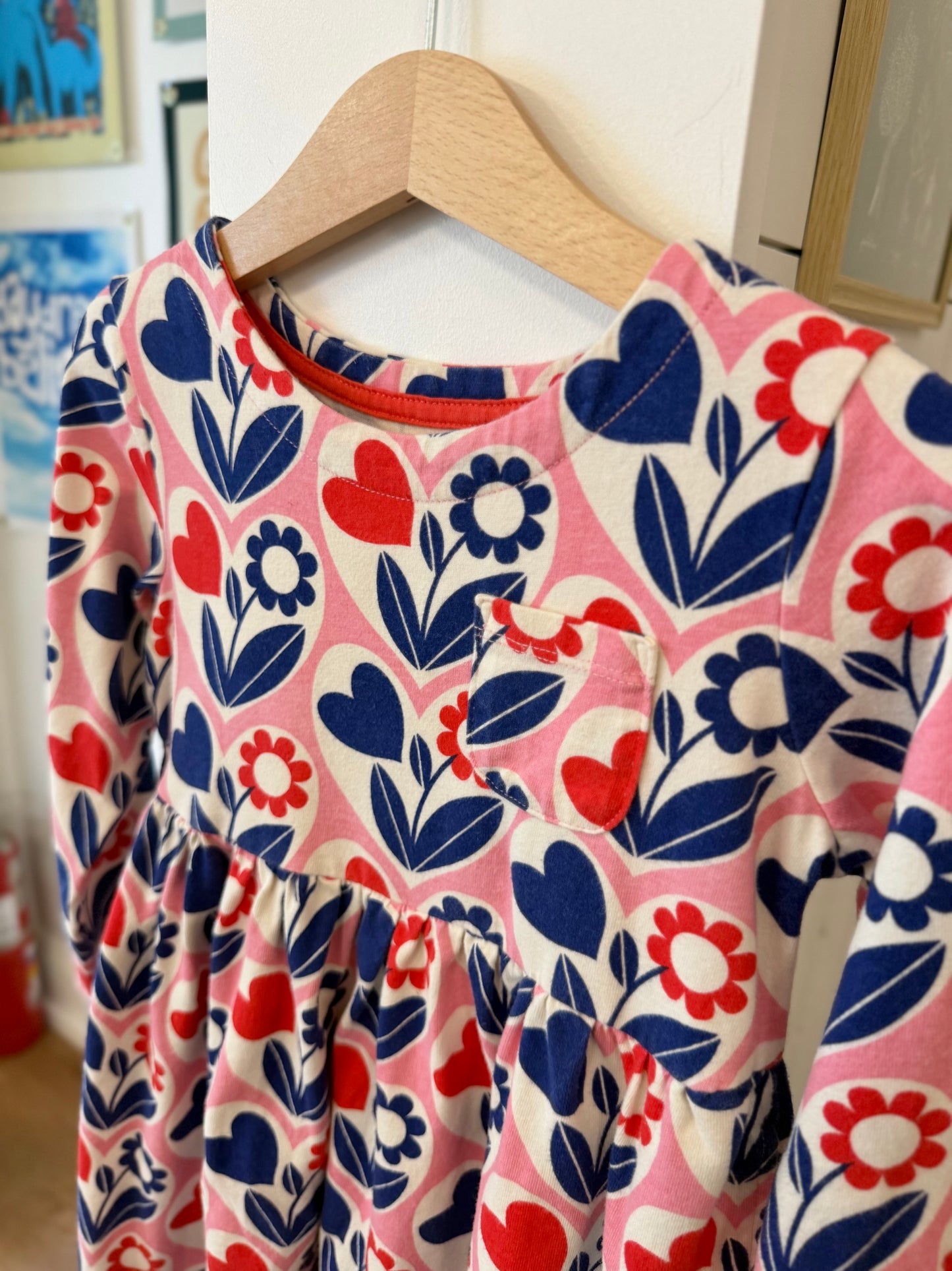 5-6, Boden, Pink, Hearts & floral red/navy long-sleeve t-shirt dress