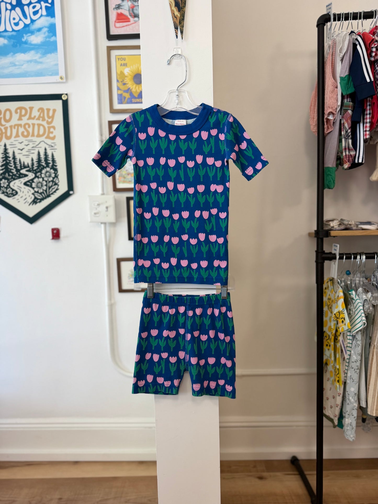 5/5T, Hanna Andersson, Blue, Pink tulip short-sleeve shirt + shorts HannaJams pajama SET