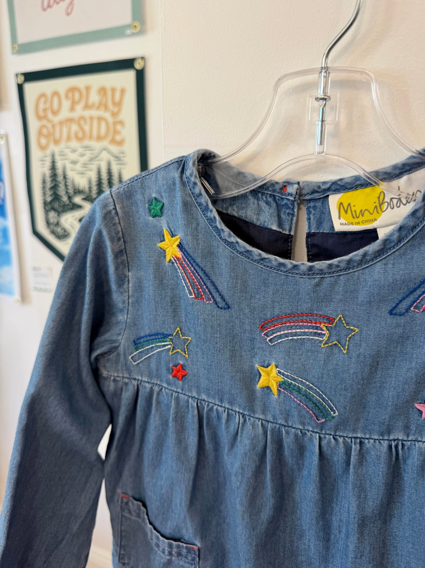 2-3, Boden, Blue, Long-sleeve chambray top, rainbow embroidered shooting stars, front pockets