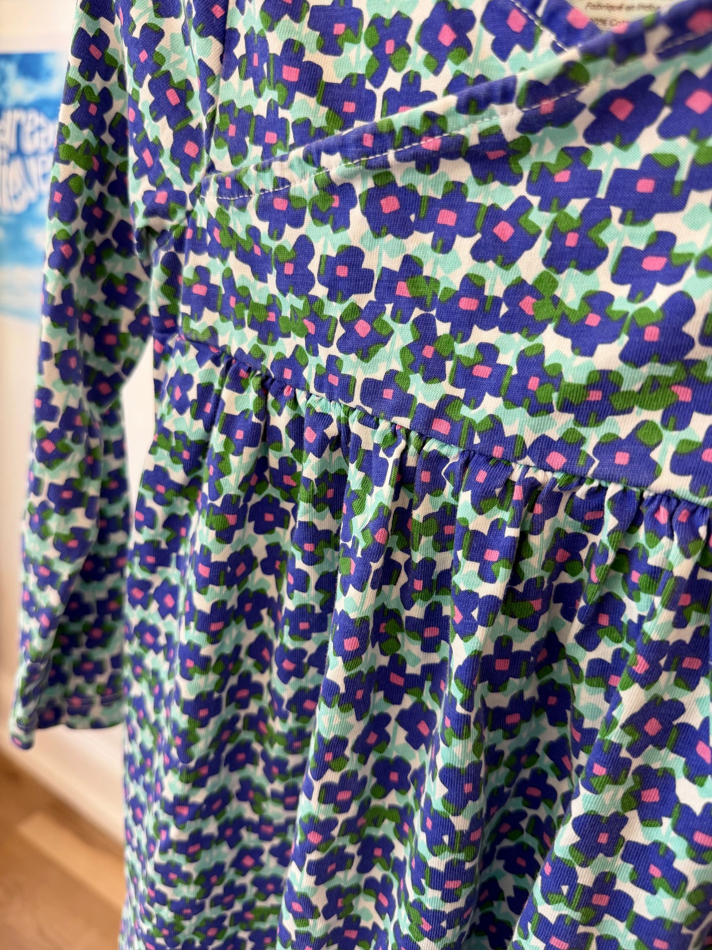 3/3T, Tea Collection, White, Blocky blue/pink floral faux wrap top long-sleeve dress