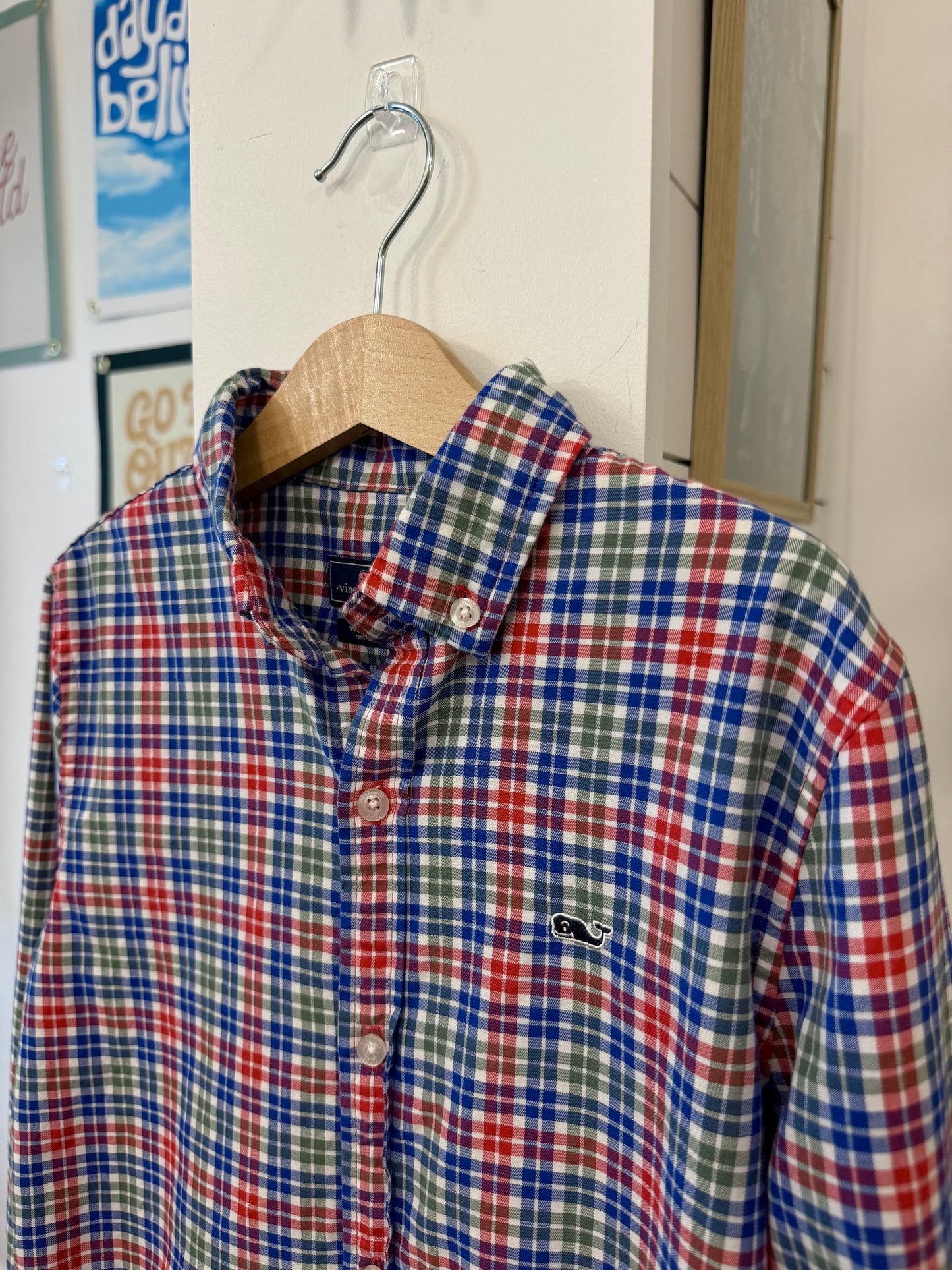 7, Vineyard Vines, White, Blue/red/green plaid long-sleeve button-down shirt