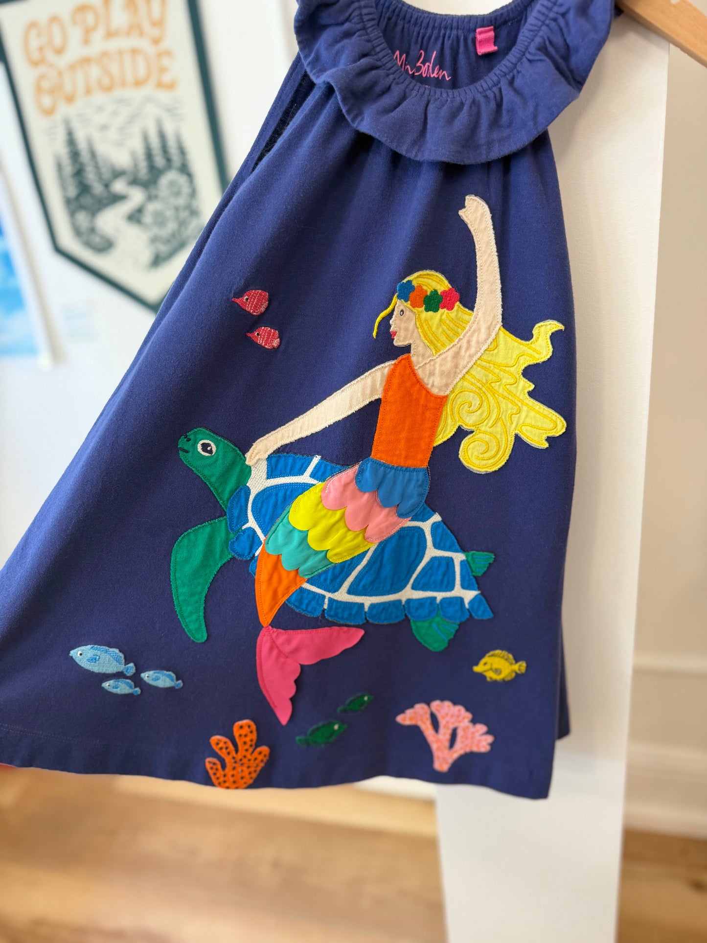 5-6, Boden, Blue, Sleeveless mermaid on turtle appliqué dress