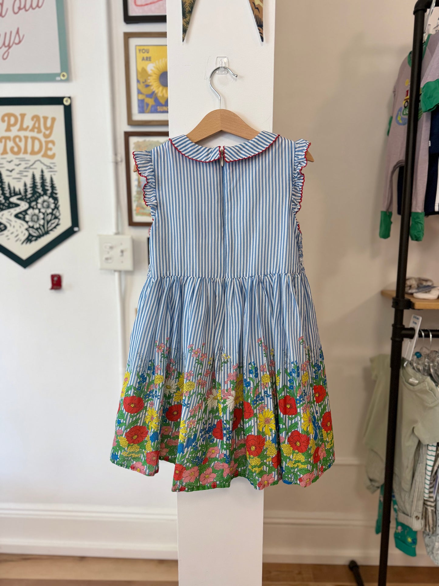 6-7, Boden, Blue, Striped dress, floral print skirt, smocking, Peter Pan collar
