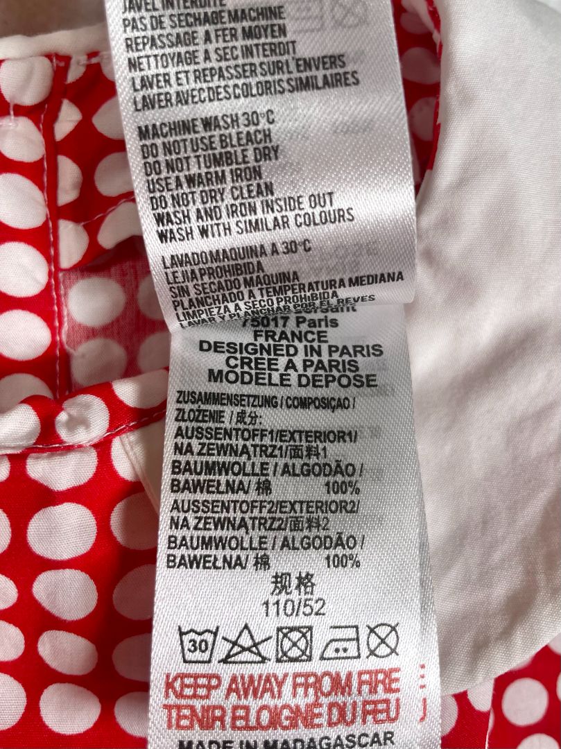 4/4T, Jacadi, Red, White polka dot long-sleeve cotton blouse, scallop peter pan collar