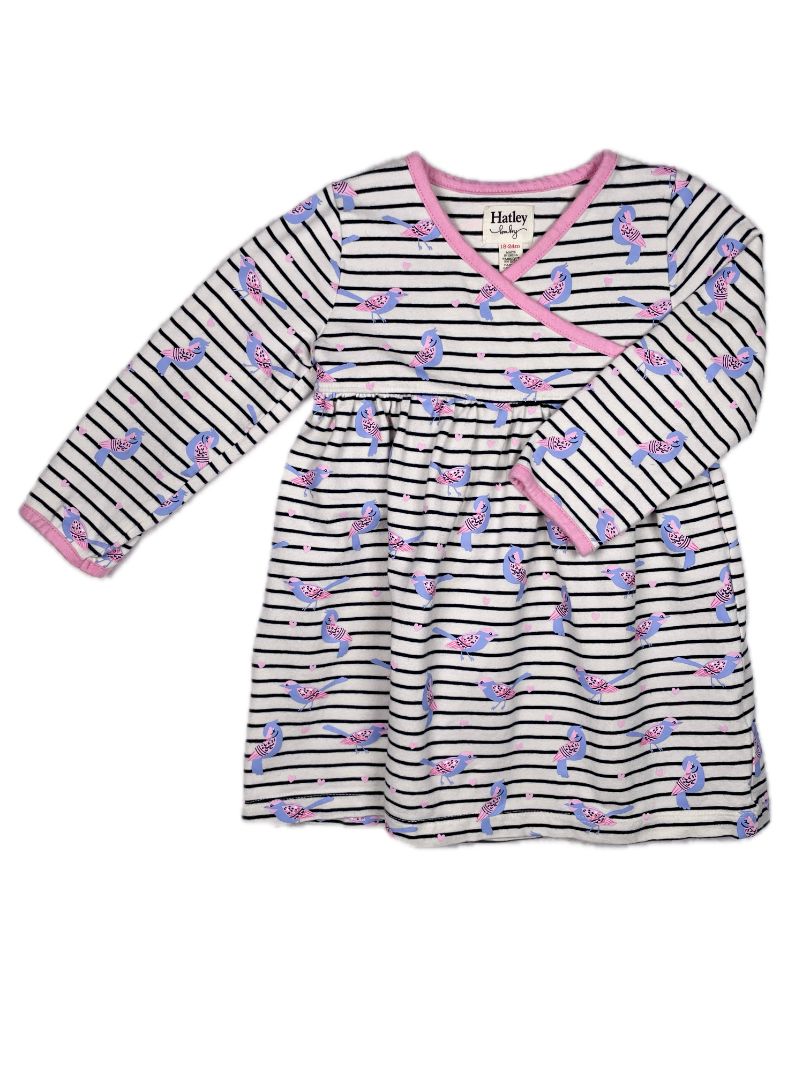 18-24 mo, Hatley, White, Striped + pink/purple bird print long-sleeve faux wrap dress, cotton + stretch