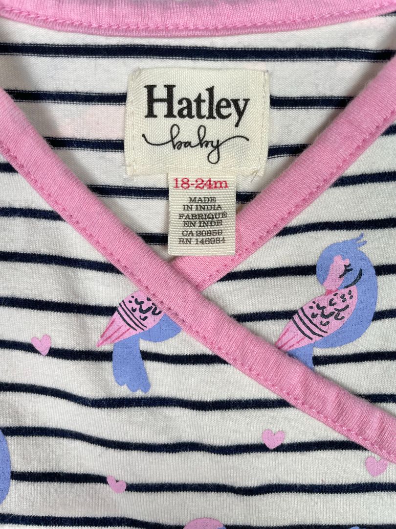 18-24 mo, Hatley, White, Striped + pink/purple bird print long-sleeve faux wrap dress, cotton + stretch