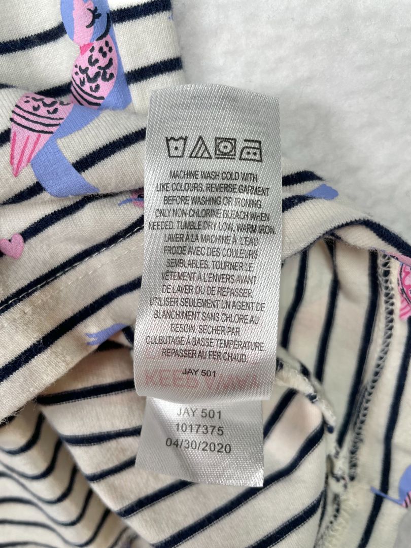 18-24 mo, Hatley, White, Striped + pink/purple bird print long-sleeve faux wrap dress, cotton + stretch