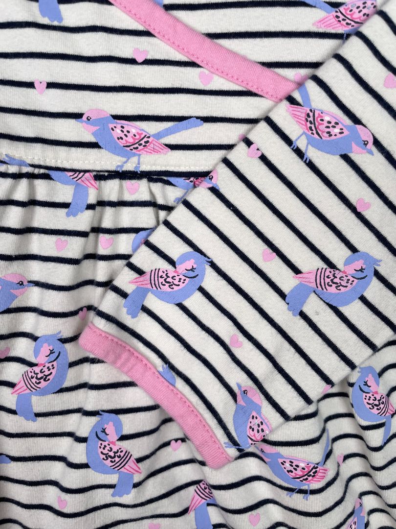 18-24 mo, Hatley, White, Striped + pink/purple bird print long-sleeve faux wrap dress, cotton + stretch