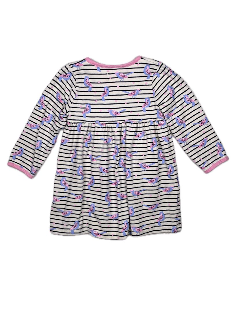 18-24 mo, Hatley, White, Striped + pink/purple bird print long-sleeve faux wrap dress, cotton + stretch