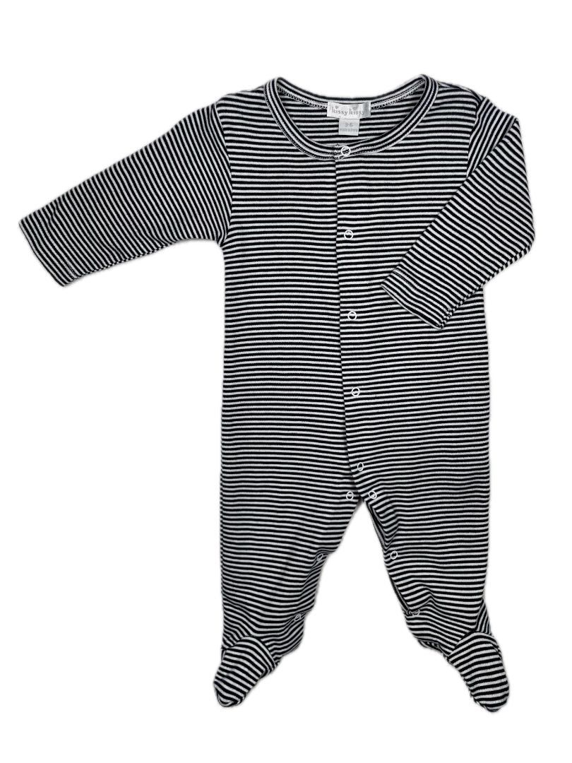 3-6 mo, Kissy Kissy, White, Super soft pima cotton bluish-black striped snap-up footed coverall