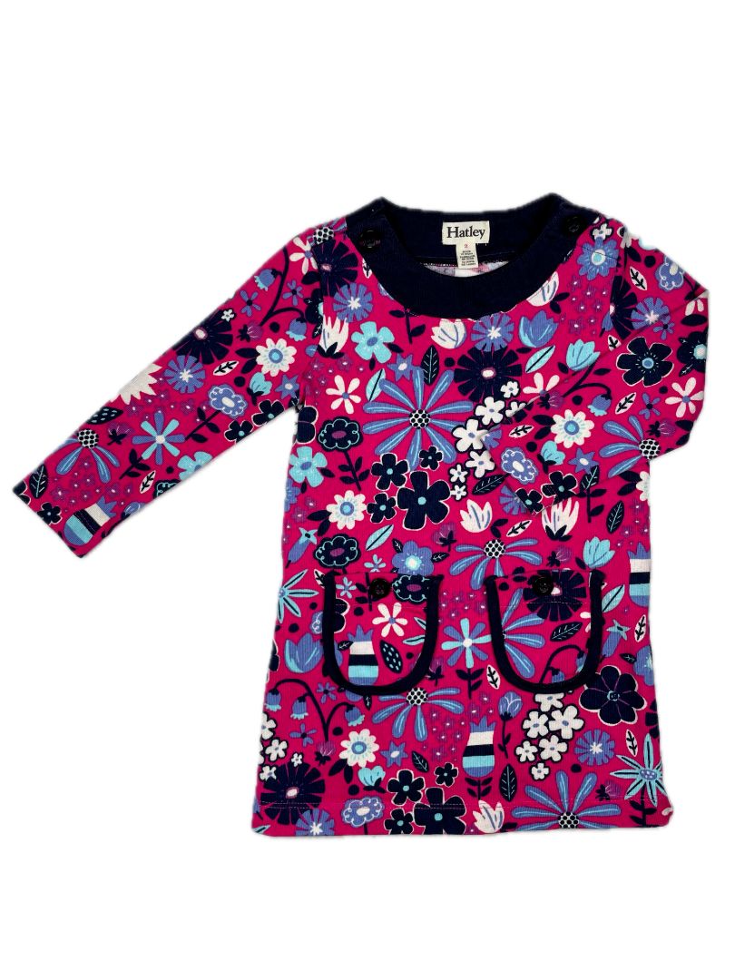 2/2T, Hatley, Pink, Blue/white floral long-sleeve dress, navy button collar, front pockets