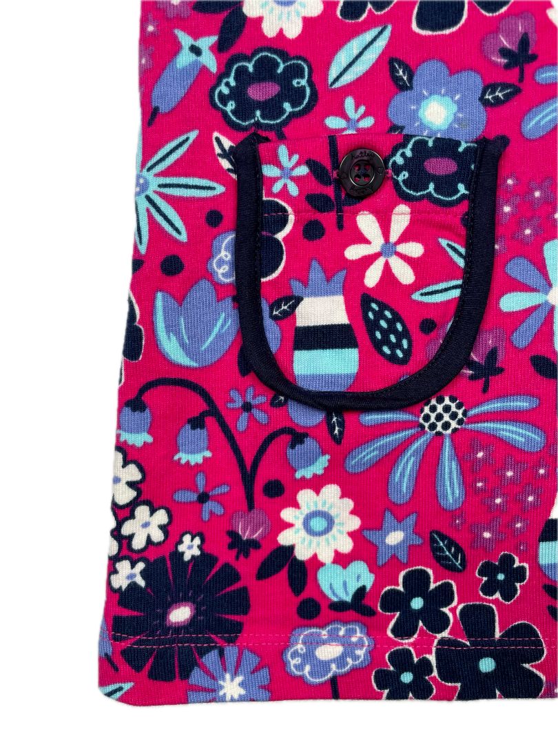 2/2T, Hatley, Pink, Blue/white floral long-sleeve dress, navy button collar, front pockets