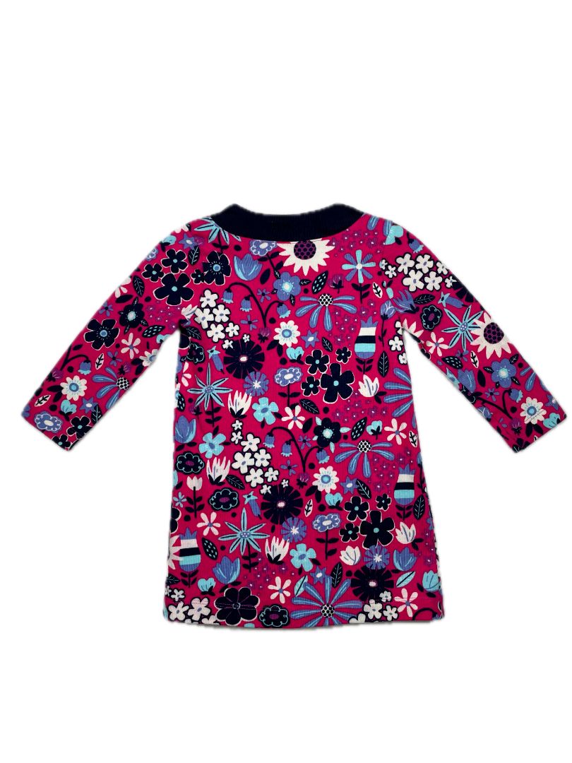 2/2T, Hatley, Pink, Blue/white floral long-sleeve dress, navy button collar, front pockets