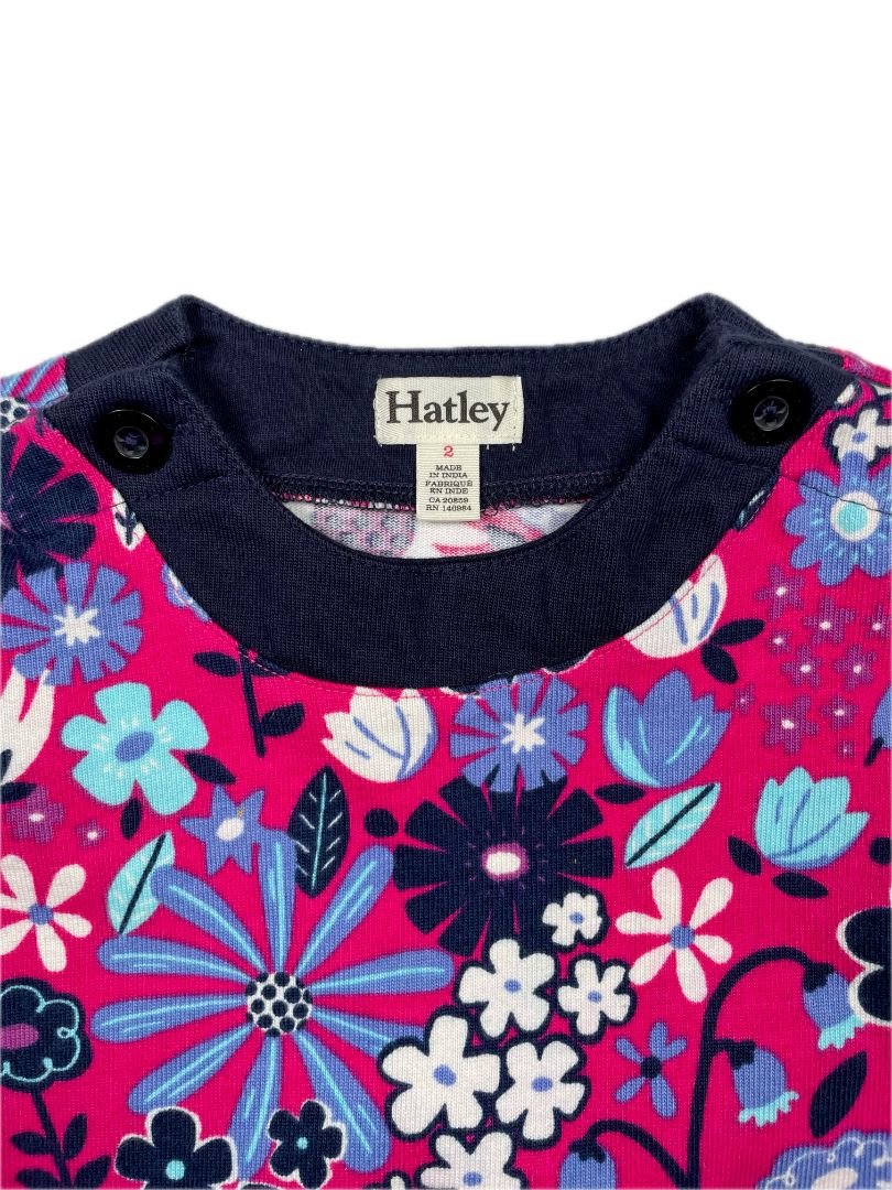 2/2T, Hatley, Pink, Blue/white floral long-sleeve dress, navy button collar, front pockets
