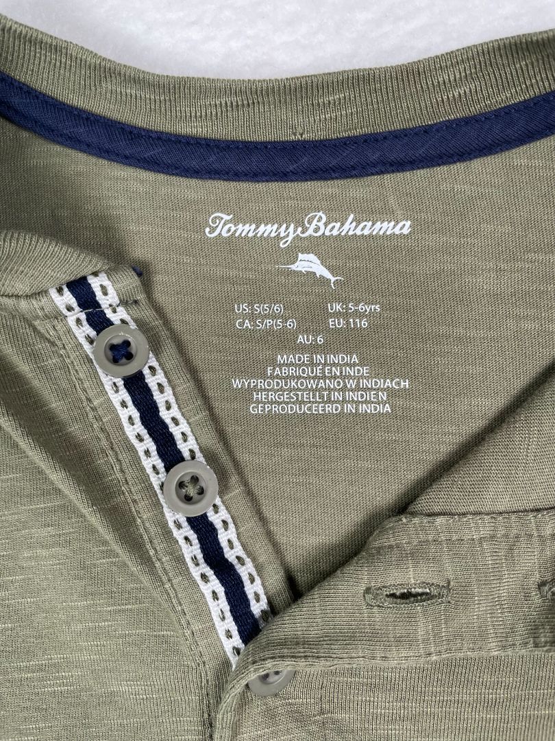 5-6, Tommy Bahama, Green, Short-sleeve henley t-shirt, navy trim