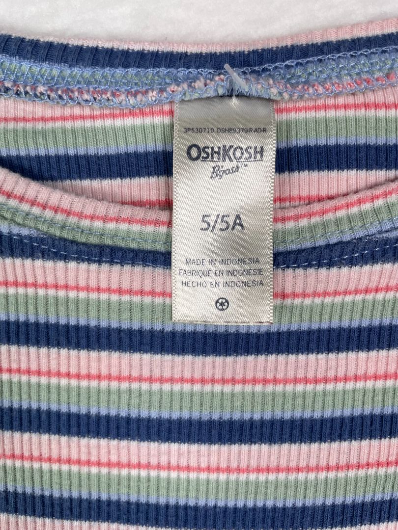 5/5T, OshKosh B'Gosh, Blue, Striped ribbed long-sleeve shirt, ruffle hems, pink/green/white