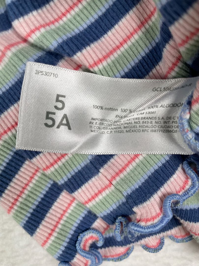 5/5T, OshKosh B'Gosh, Blue, Striped ribbed long-sleeve shirt, ruffle hems, pink/green/white