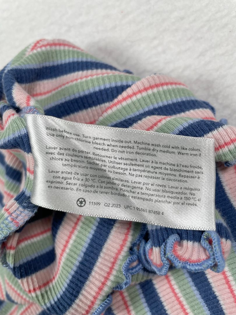 5/5T, OshKosh B'Gosh, Blue, Striped ribbed long-sleeve shirt, ruffle hems, pink/green/white
