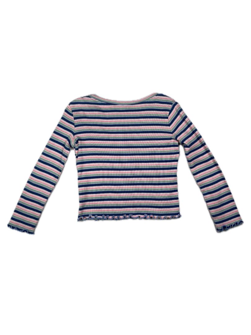5/5T, OshKosh B'Gosh, Blue, Striped ribbed long-sleeve shirt, ruffle hems, pink/green/white