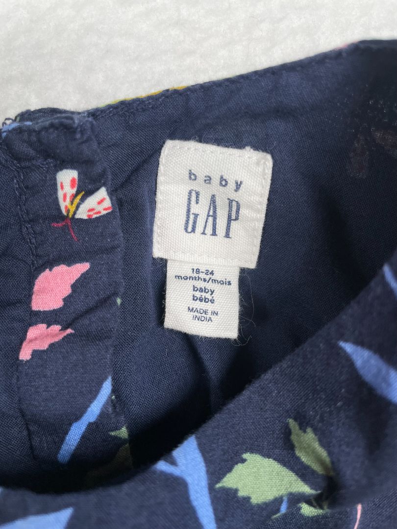 18-24 mo, babyGap, Blue, Flutter sleeve floral dress, smocked waist, red/green