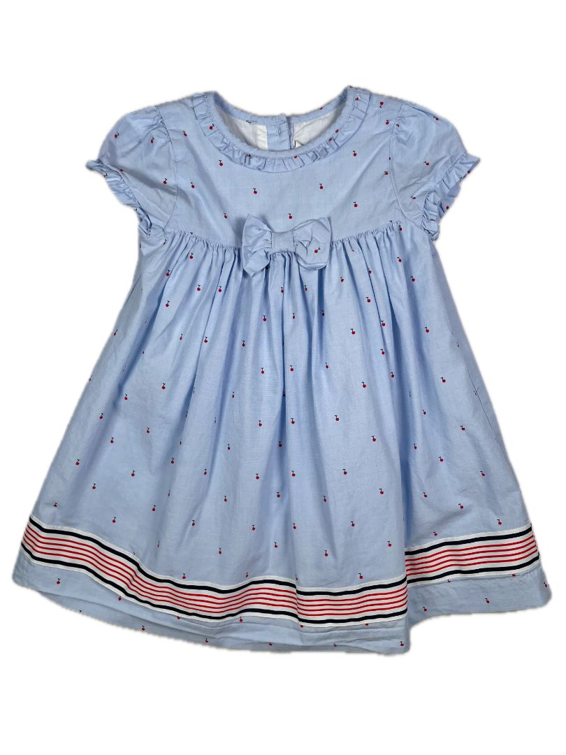 18-24 mo, Janie and Jack, Blue, Short-sleeve cherry dress w/ striped hem, bow + bloomers SET