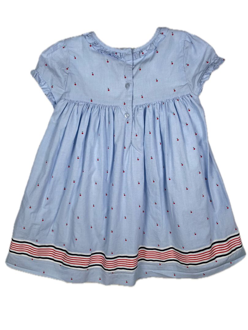 18-24 mo, Janie and Jack, Blue, Short-sleeve cherry dress w/ striped hem, bow + bloomers SET