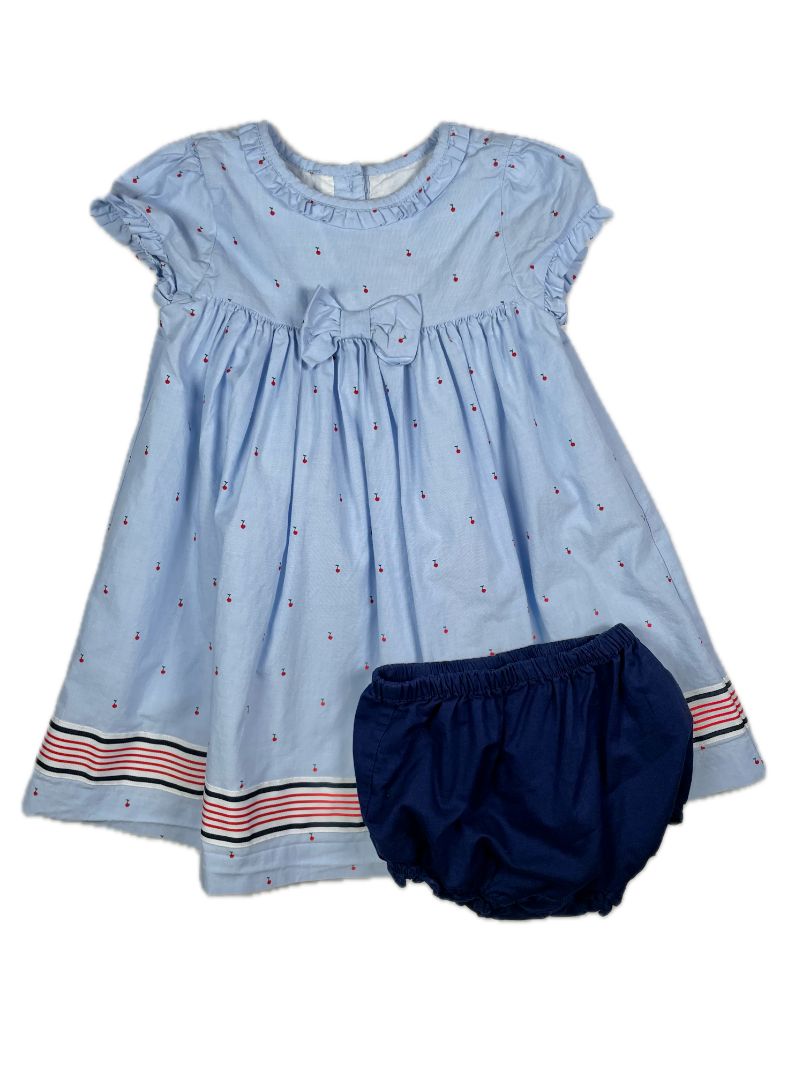 18-24 mo, Janie and Jack, Blue, Short-sleeve cherry dress w/ striped hem, bow + bloomers SET