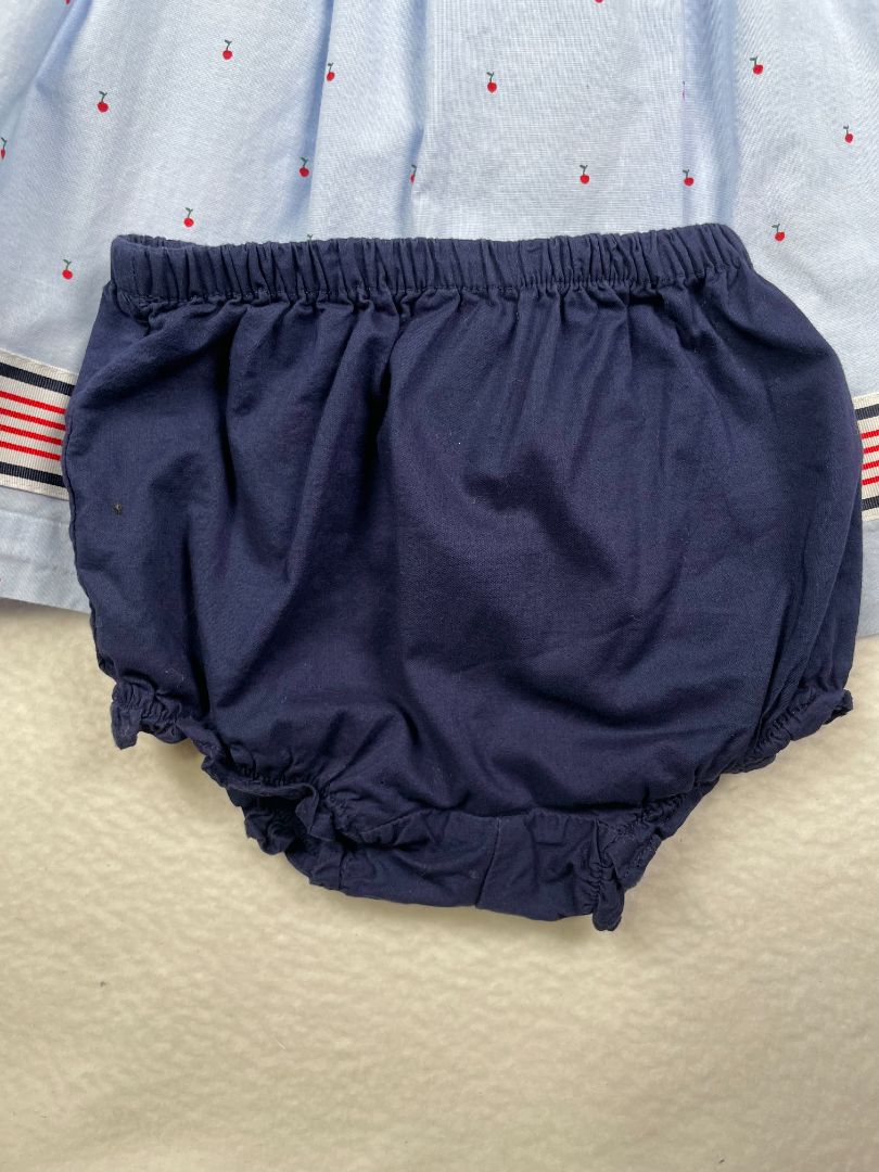 18-24 mo, Janie and Jack, Blue, Short-sleeve cherry dress w/ striped hem, bow + bloomers SET