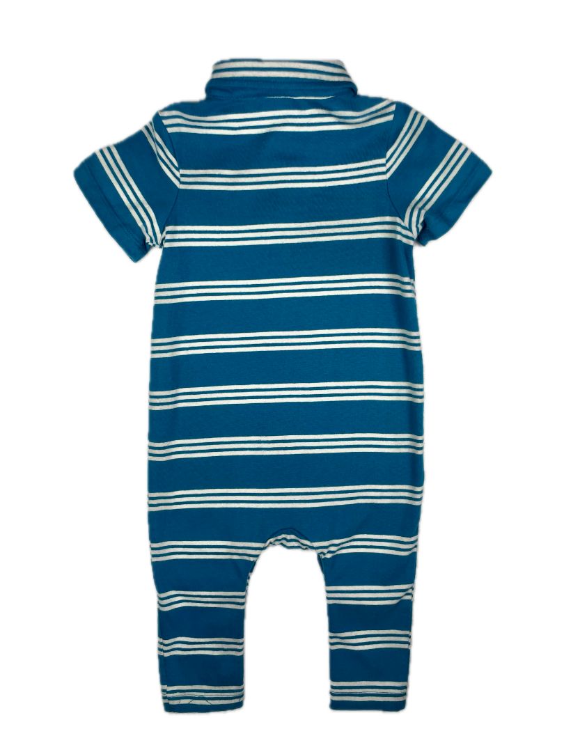6-12 mo, Hanna Andersson, Blue, Short-sleeve collared romper, white-striped