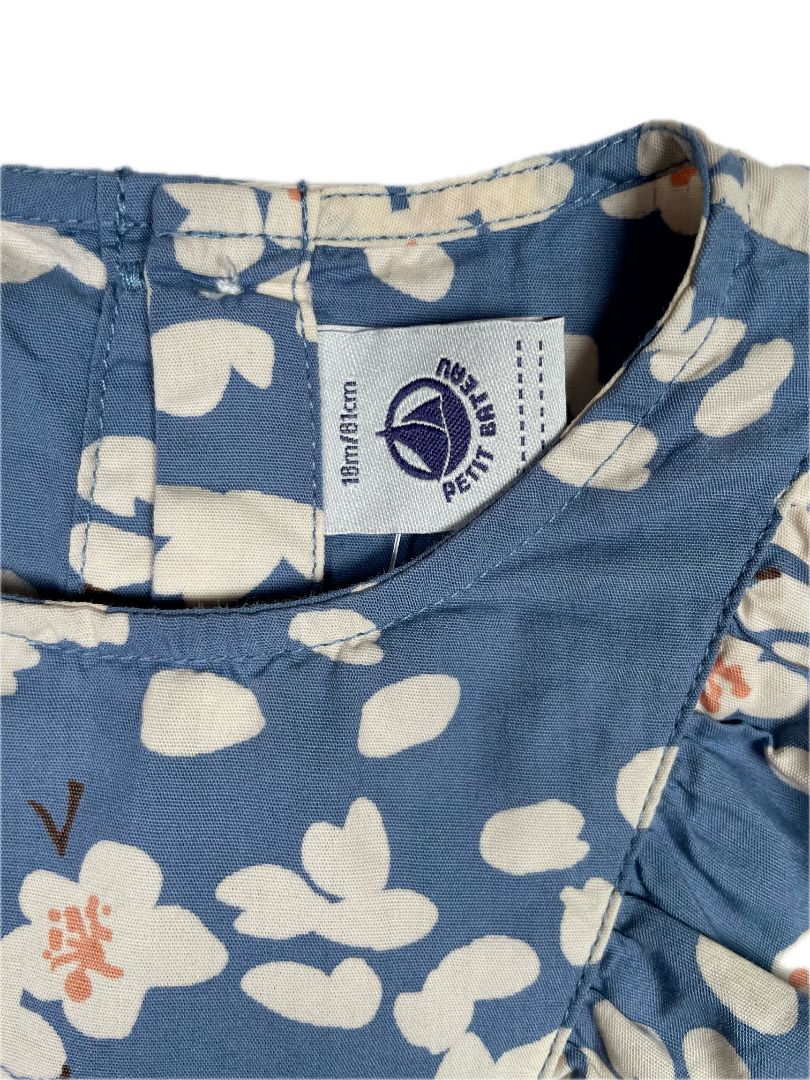 18 mo, Petit Bateau, Blue, Cherry blossom short-sleeve dress, ruffles at chest