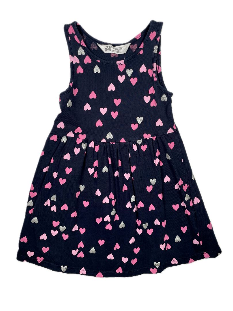 2-4, H&M, Blue, Sleeveless heart print dress, pink/silver