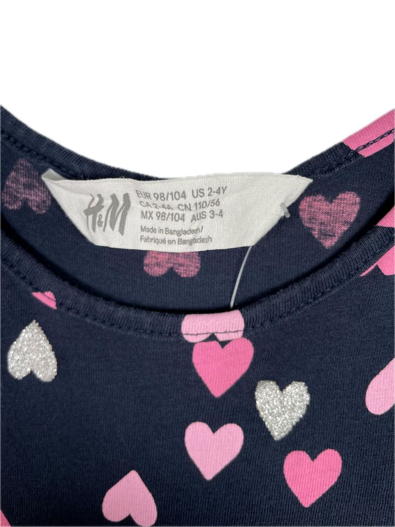 2-4, H&M, Blue, Sleeveless heart print dress, pink/silver