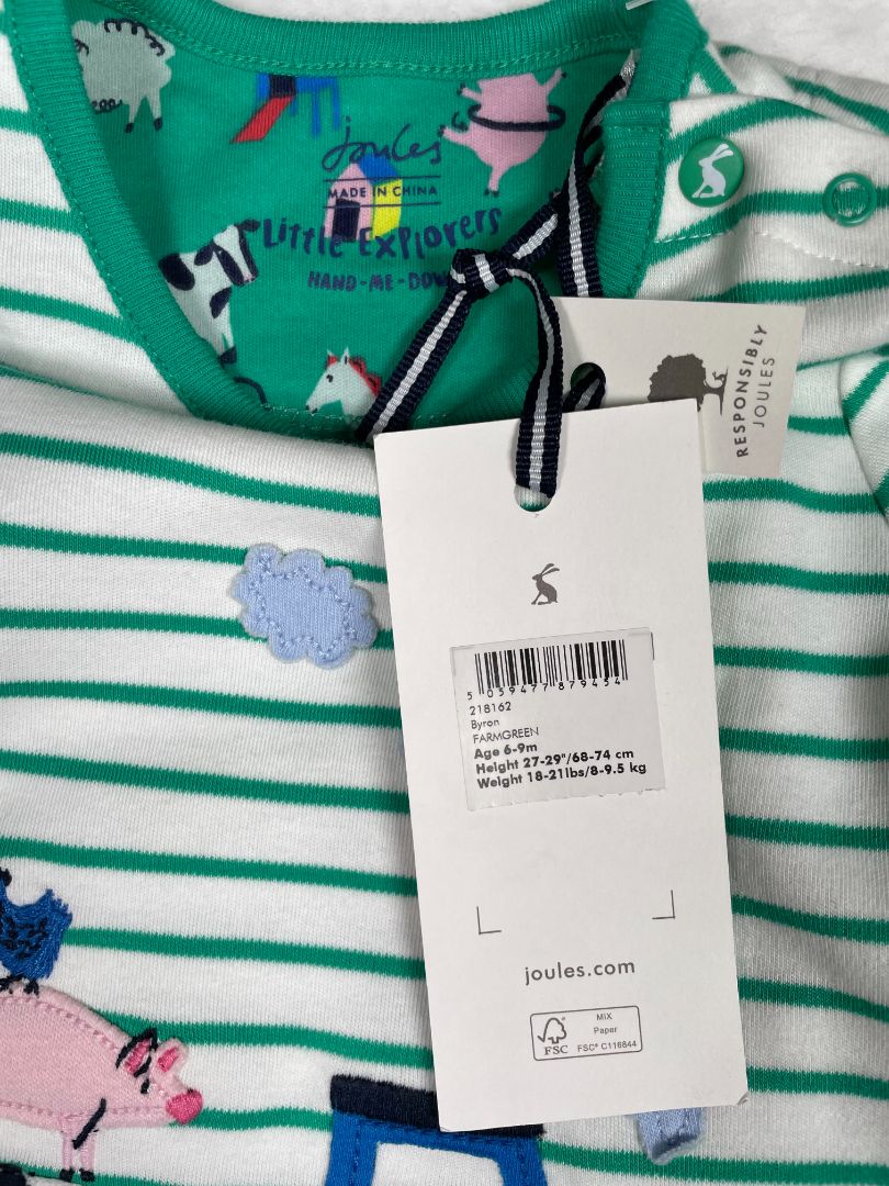 6-9 mo, Joules, Green, NEW w/ tags - Farm appliqué striped t-shirt + pants pajama SET