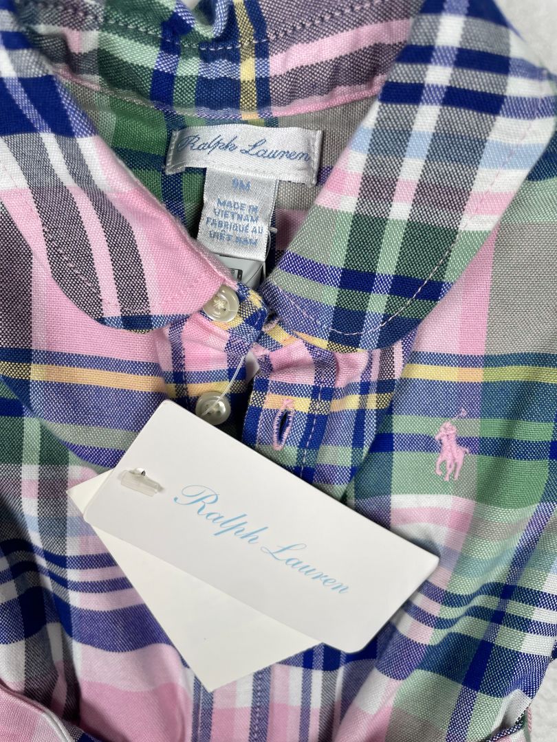 9 mo, Ralph Lauren, Pink, New w/ tags - Plaid cotton madras shirtdress + bloomer SET
