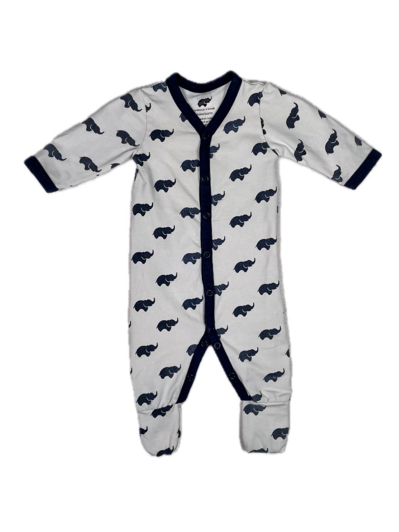 Newborn, Monica + Andy, White, Navy elephant snap-up coverall, fold-over feet, organic cotton + stretch