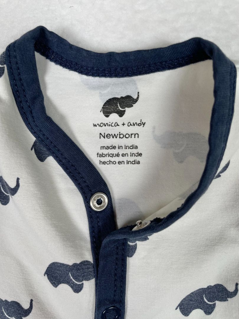 Newborn, Monica + Andy, White, Navy elephant snap-up coverall, fold-over feet, organic cotton + stretch