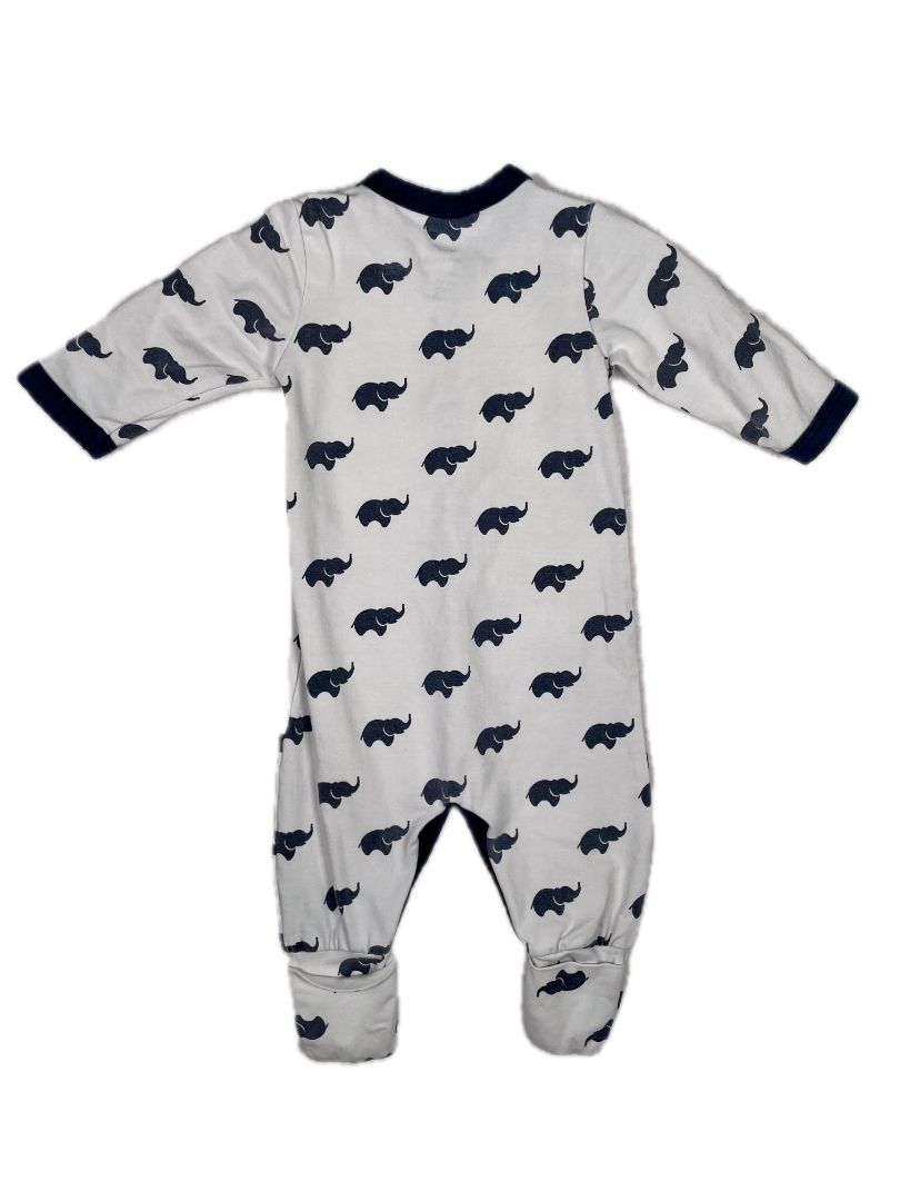 Newborn, Monica + Andy, White, Navy elephant snap-up coverall, fold-over feet, organic cotton + stretch