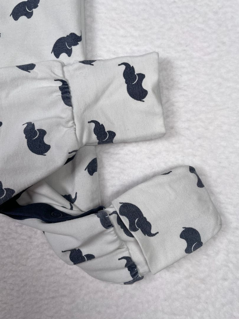 Newborn, Monica + Andy, White, Navy elephant snap-up coverall, fold-over feet, organic cotton + stretch